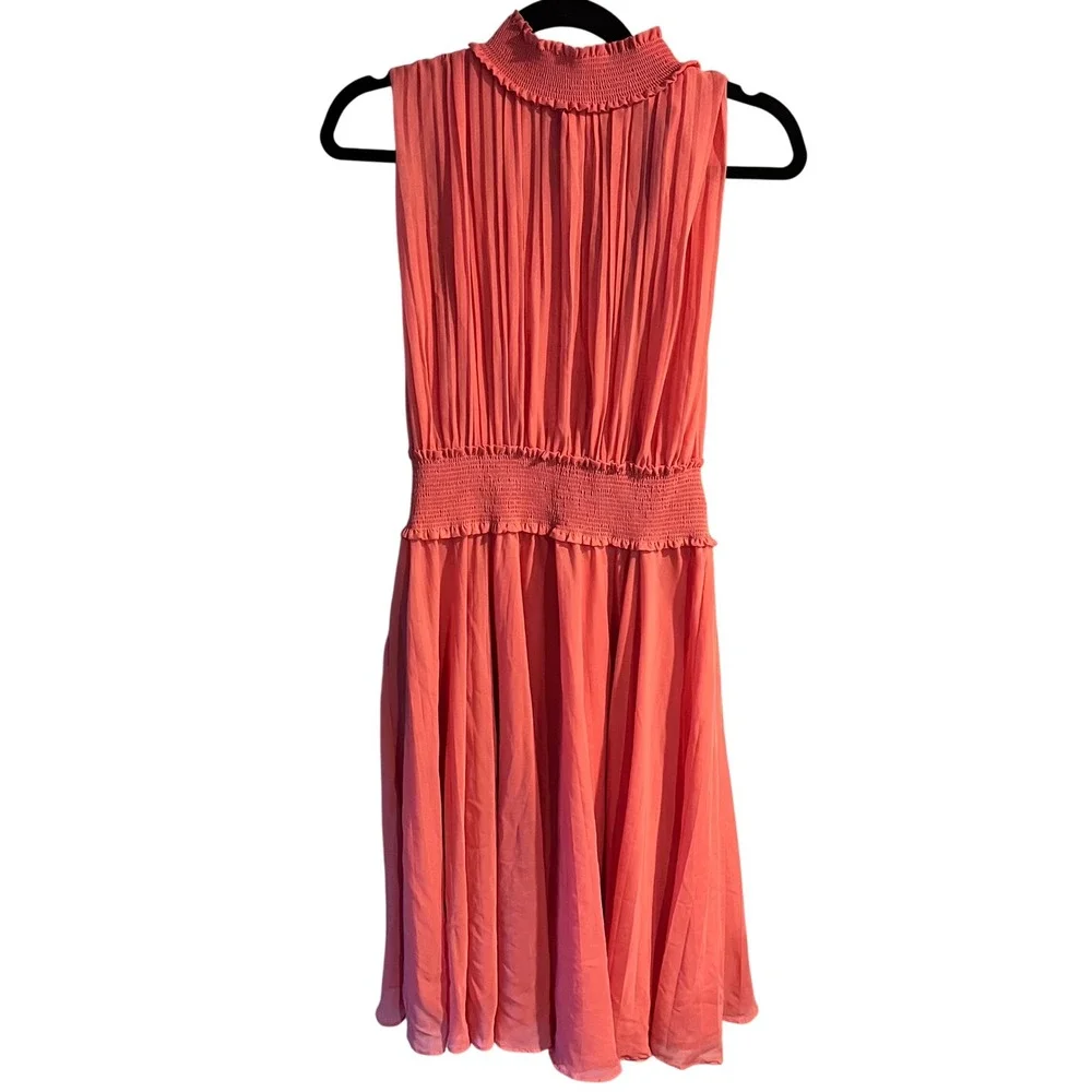 Nanette Lepore Coral Pink Pleated Smocked Waist Mock Neck Midi Dress Size 10